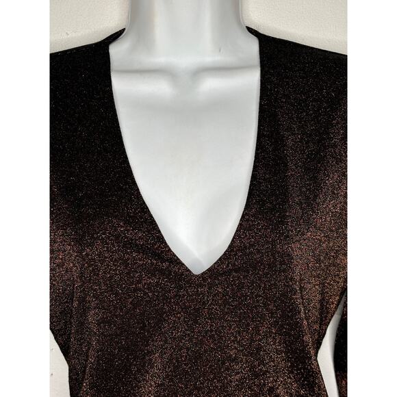 Abercrombie & Fitch NWT Long Sleeve V Neck Sparkle Copper Shimmer Bodysuit Top L - Picture 2 of 6